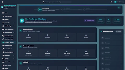Illustrative preview (sample data, not verified outcomes): Requirements Collection - AI-powered property search interface where tenants specify location preferences, space requirements, and team size through guided selections.