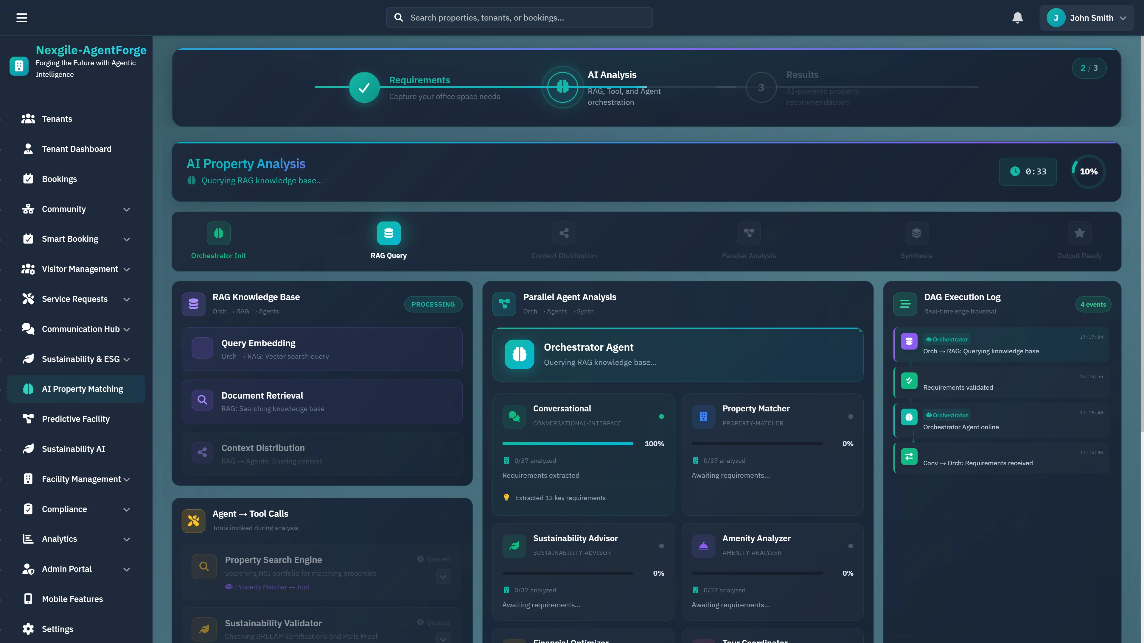 Illustrative preview (sample data, not verified outcomes): AI Property Analysis - Multi-agent orchestration dashboard showing RAG pipeline processing, parallel agent analysis, and real-time execution logs.
