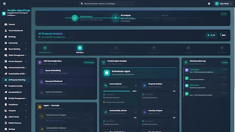 Illustrative preview (sample data, not verified outcomes): AI Property Analysis - Multi-agent orchestration dashboard showing RAG pipeline processing, parallel agent analysis, and real-time execution logs.