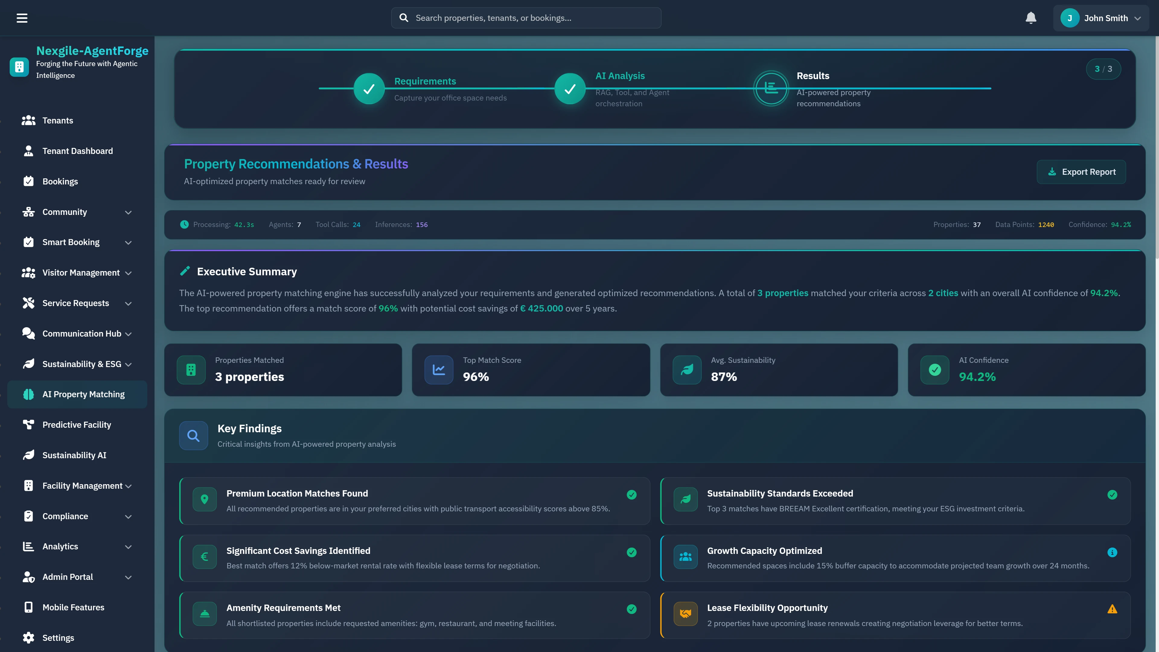 Illustrative preview (sample data, not verified outcomes): Property Recommendations & Results - Executive summary displaying matched properties with match scores, sustainability ratings, and key findings.