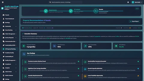 Illustrative preview (sample data, not verified outcomes): Property Recommendations & Results - Executive summary displaying matched properties with match scores, sustainability ratings, and key findings.