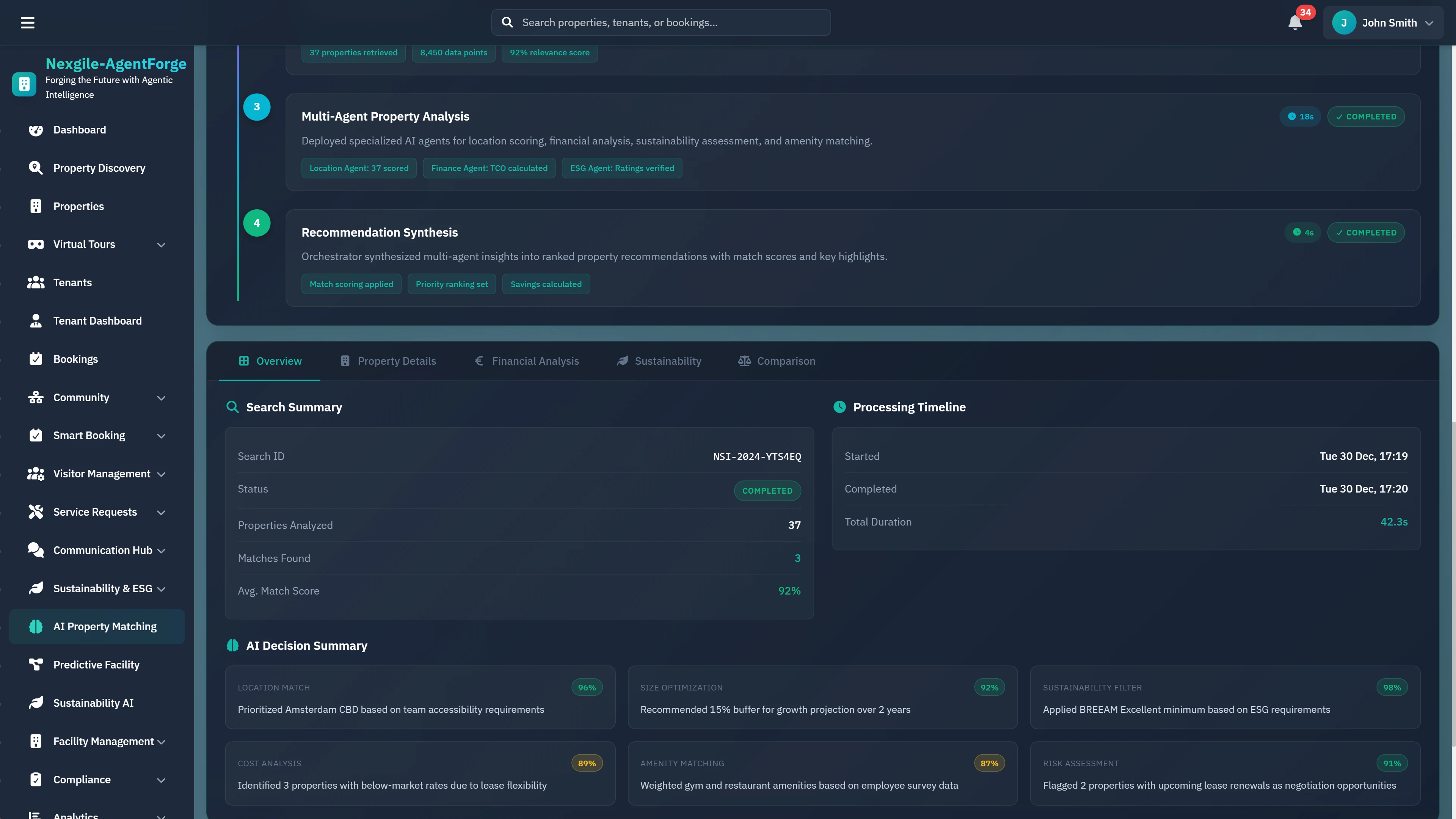 Illustrative preview (sample data, not verified outcomes): Search Summary & AI Decisions - Detailed analysis view with processing timeline, search metrics, and AI decision summaries for property recommendations.