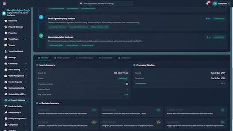 Illustrative preview (sample data, not verified outcomes): Search Summary & AI Decisions - Detailed analysis view with processing timeline, search metrics, and AI decision summaries for property recommendations.