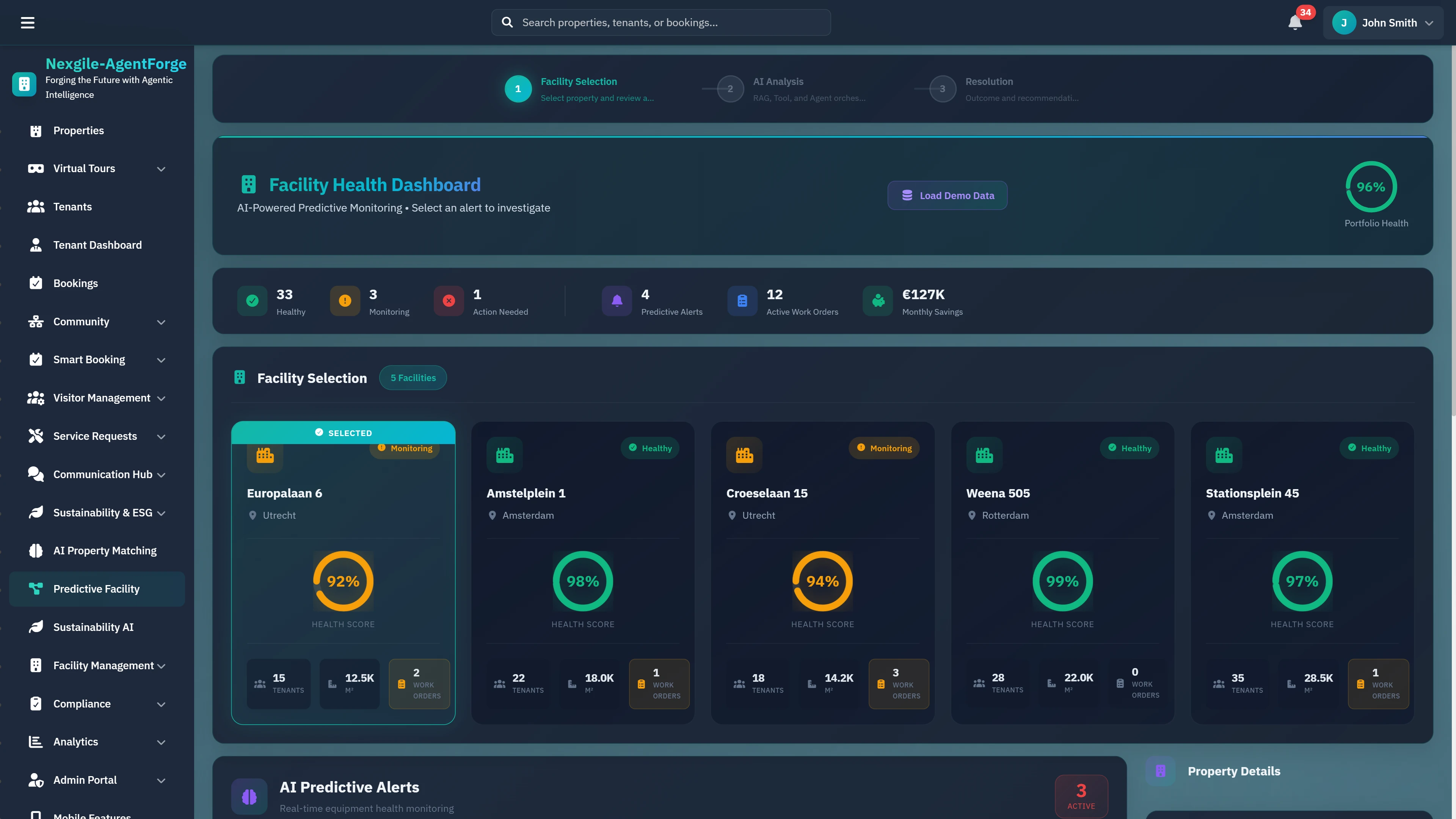 Illustrative preview (sample data, not verified outcomes): Facility Health Dashboard - Portfolio-wide monitoring view showing equipment health scores, predictive alerts, and facility selection across multiple properties.
