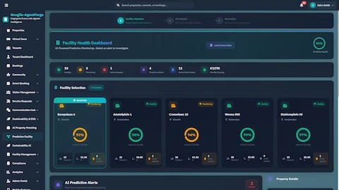 Illustrative preview (sample data, not verified outcomes): Facility Health Dashboard - Portfolio-wide monitoring view showing equipment health scores, predictive alerts, and facility selection across multiple properties.