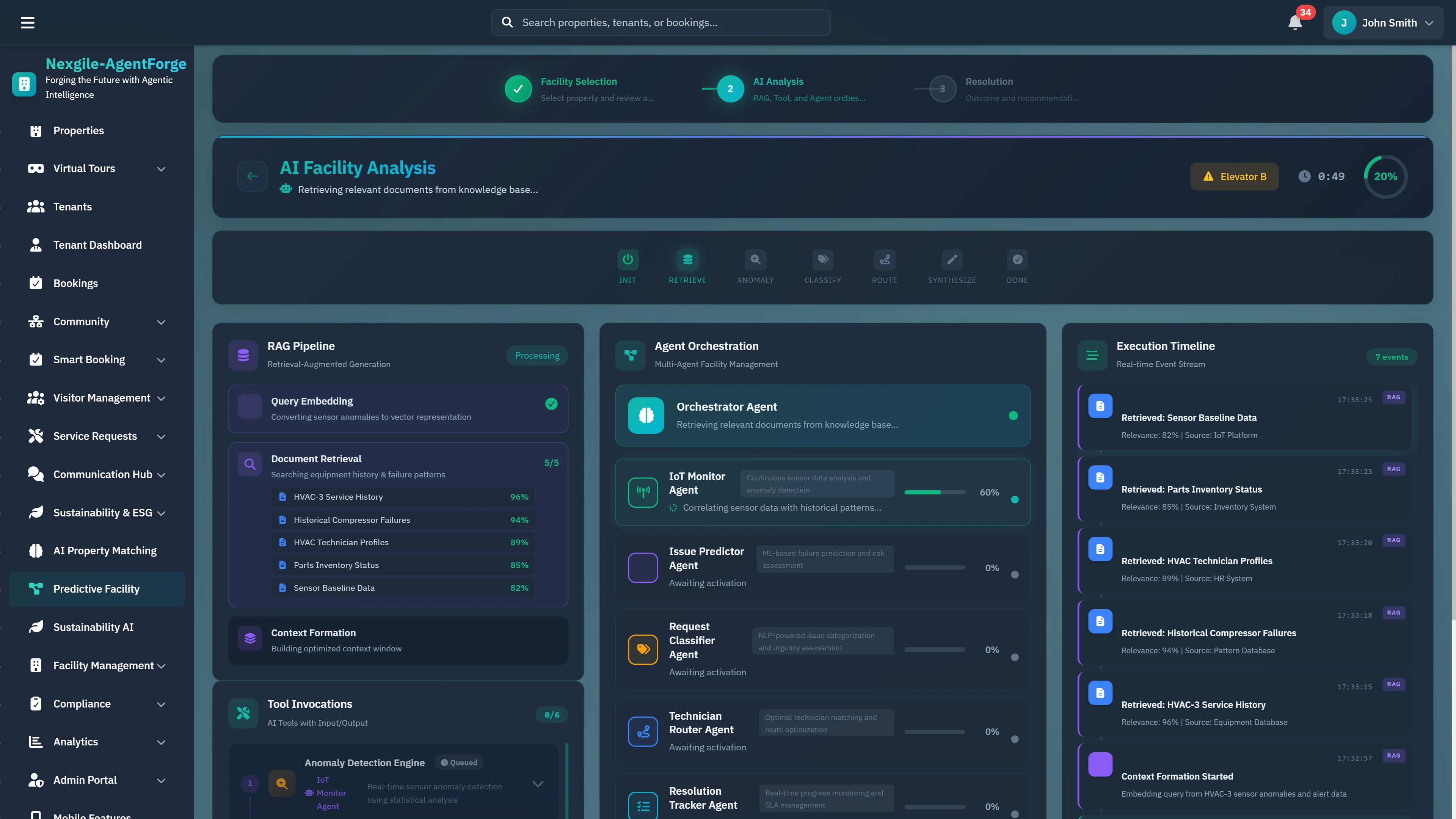 Illustrative preview (sample data, not verified outcomes): AI Facility Analysis - Multi-agent orchestration with RAG pipeline, IoT monitoring agents, predictive insights, and real-time execution timeline.