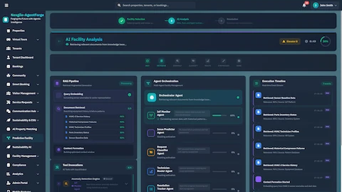 Illustrative preview (sample data, not verified outcomes): AI Facility Analysis - Multi-agent orchestration with RAG pipeline, IoT monitoring agents, predictive insights, and real-time execution timeline.