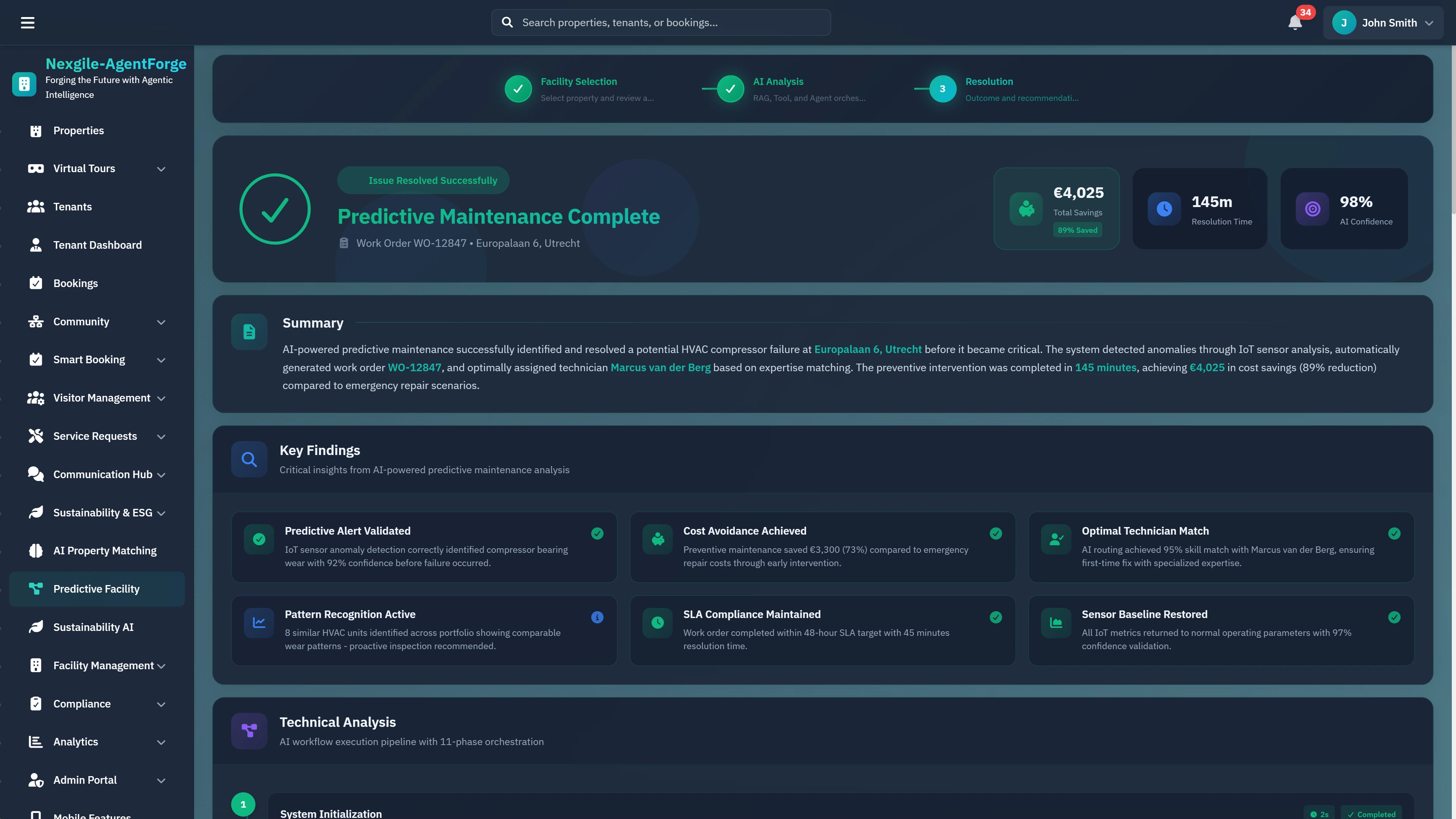 Illustrative preview (sample data, not verified outcomes): Predictive Maintenance Complete - Resolution summary showing cost savings, resolution time, SLA compliance, and key findings from AI-powered intervention.