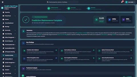 Illustrative preview (sample data, not verified outcomes): Predictive Maintenance Complete - Resolution summary showing cost savings, resolution time, SLA compliance, and key findings from AI-powered intervention.
