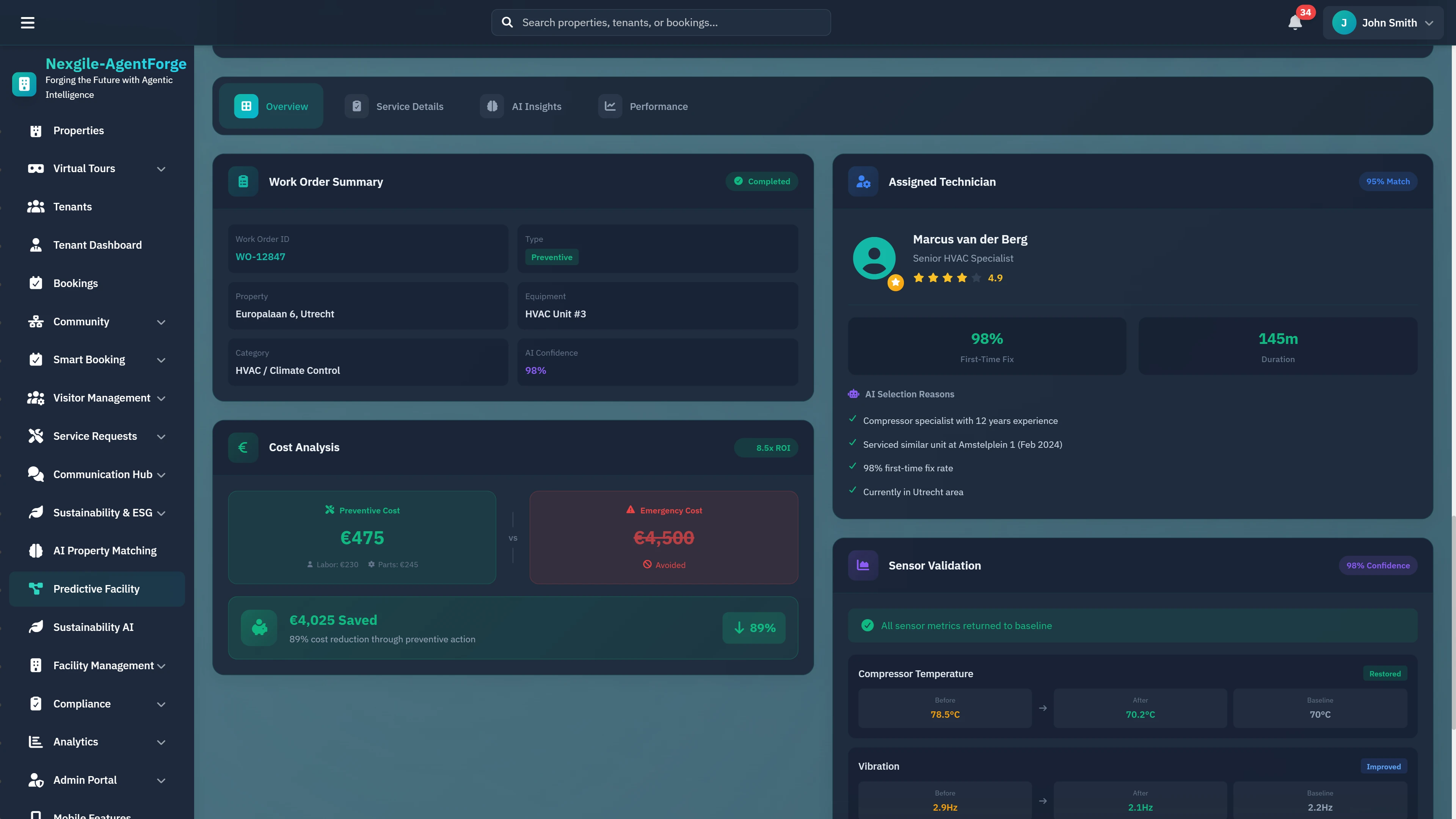 Illustrative preview (sample data, not verified outcomes): Work Order Details - Comprehensive view with assigned technician profile, cost analysis, savings breakdown, and sensor validation metrics.