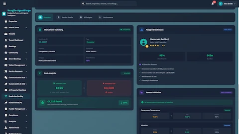 Illustrative preview (sample data, not verified outcomes): Work Order Details - Comprehensive view with assigned technician profile, cost analysis, savings breakdown, and sensor validation metrics.