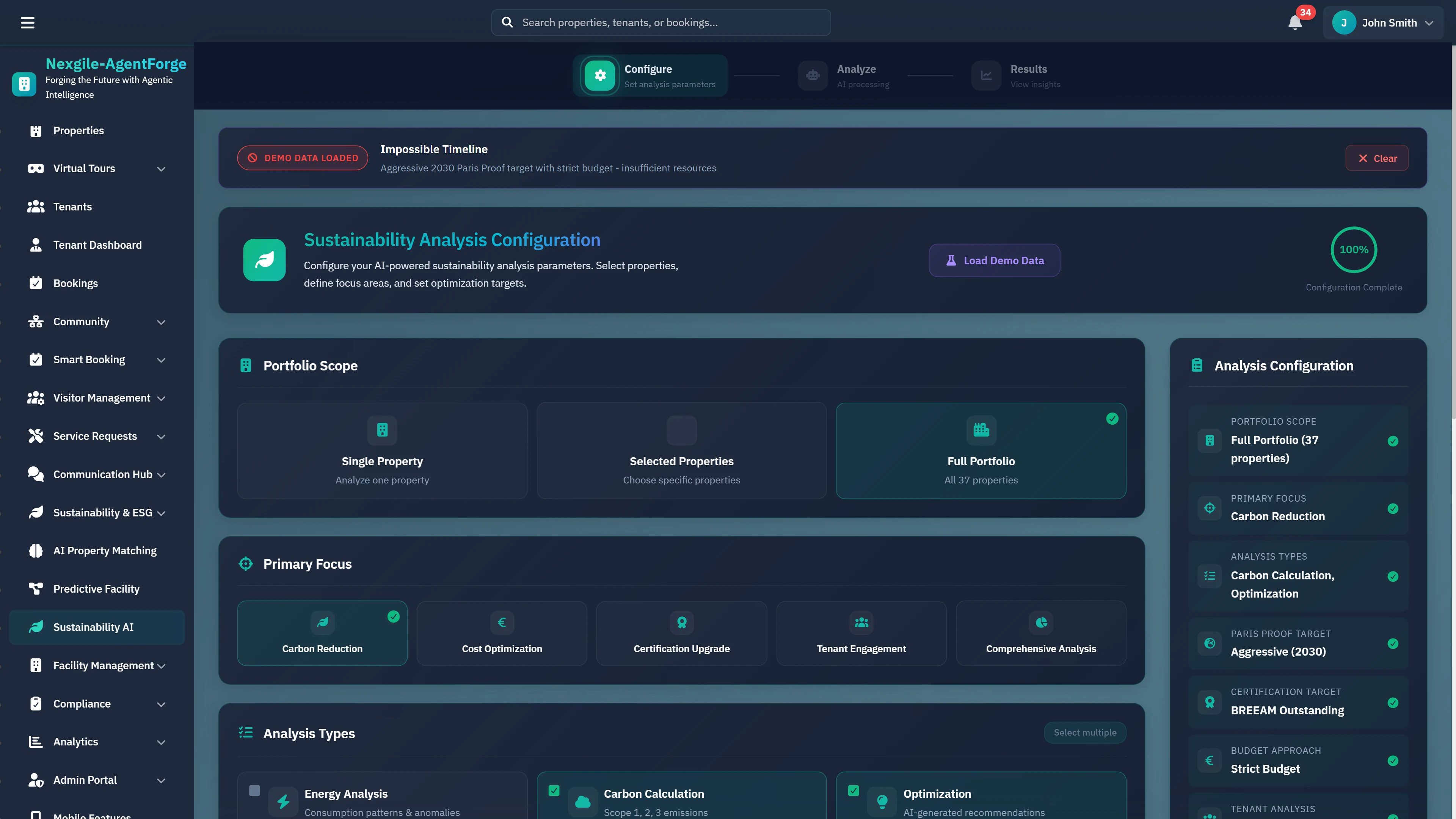Illustrative preview (sample data, not verified outcomes): Sustainability Analysis Configuration - Setup interface for portfolio scope, primary focus areas, and analysis types including carbon reduction and optimization targets.