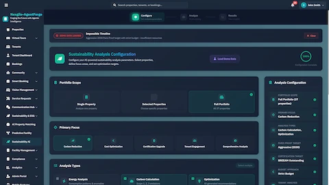 Illustrative preview (sample data, not verified outcomes): Sustainability Analysis Configuration - Setup interface for portfolio scope, primary focus areas, and analysis types including carbon reduction and optimization targets.