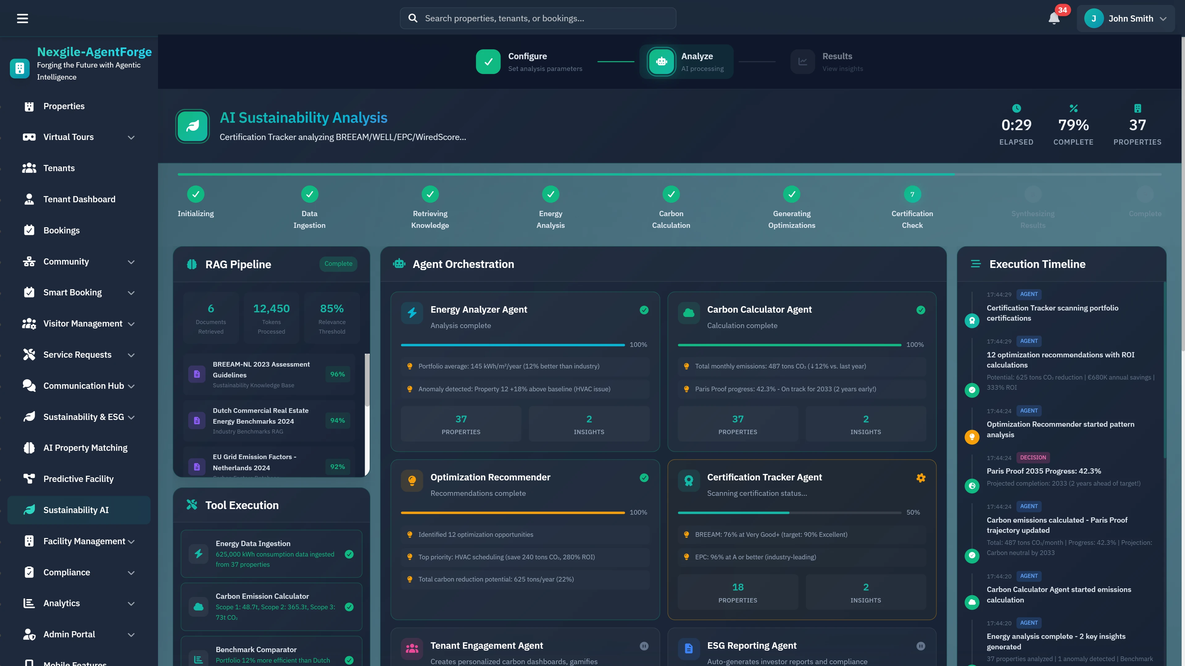 Illustrative preview (sample data, not verified outcomes): AI Sustainability Analysis - Multi-agent orchestration showing energy analyzer, carbon calculator, optimization recommender, and ESG reporting agents in action.