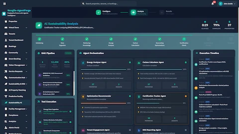 Illustrative preview (sample data, not verified outcomes): AI Sustainability Analysis - Multi-agent orchestration showing energy analyzer, carbon calculator, optimization recommender, and ESG reporting agents in action.
