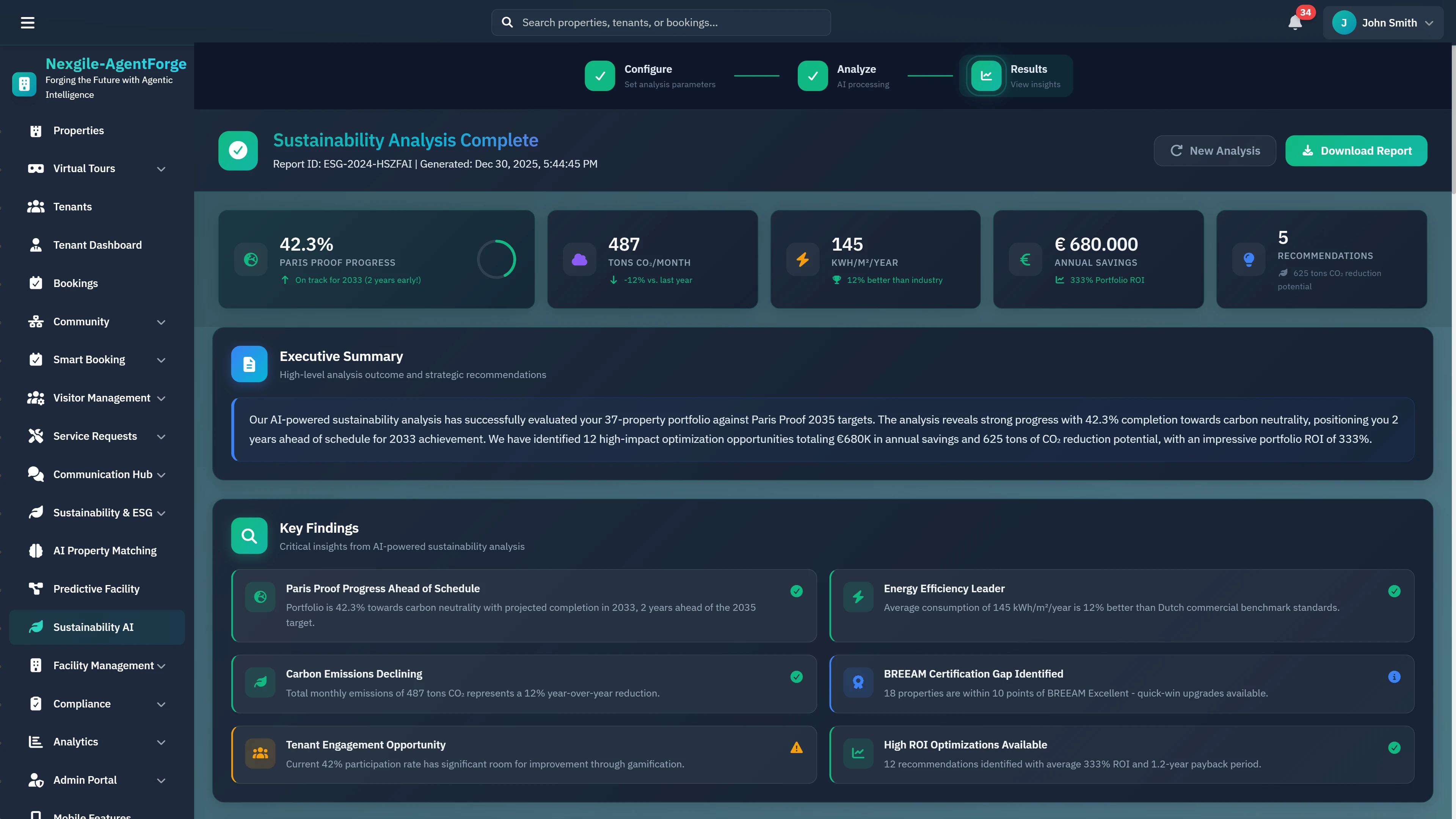 Illustrative preview (sample data, not verified outcomes): Sustainability Analysis Complete - Executive summary with carbon reduction metrics, energy efficiency, cost optimization opportunities, and key ESG findings.