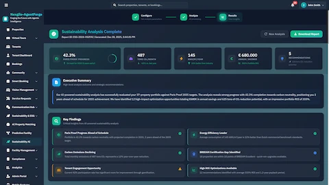 Illustrative preview (sample data, not verified outcomes): Sustainability Analysis Complete - Executive summary with carbon reduction metrics, energy efficiency, cost optimization opportunities, and key ESG findings.