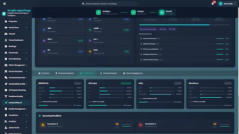 Illustrative preview (sample data, not verified outcomes): Certification Tracking & Deadlines - Dashboard showing BREEAM, EPC, WELL, and WiredScore certification status with compliance progress and upcoming deadlines.