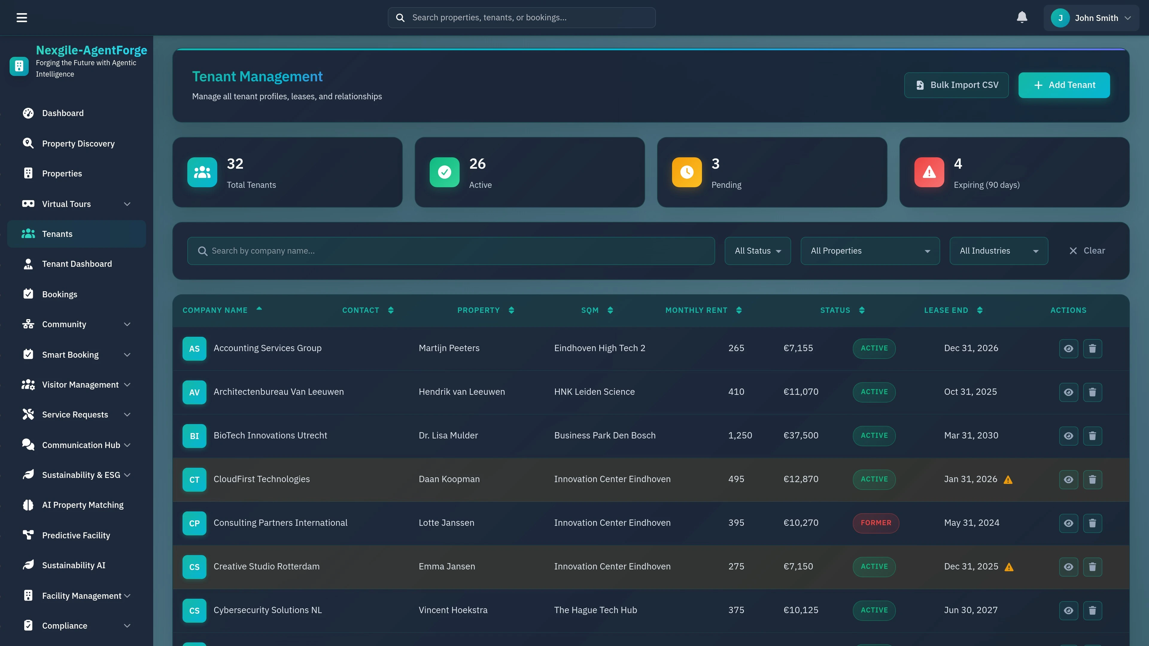 Illustrative preview (sample data, not verified outcomes): Tenant Management Dashboard - Main portal view for managing tenants