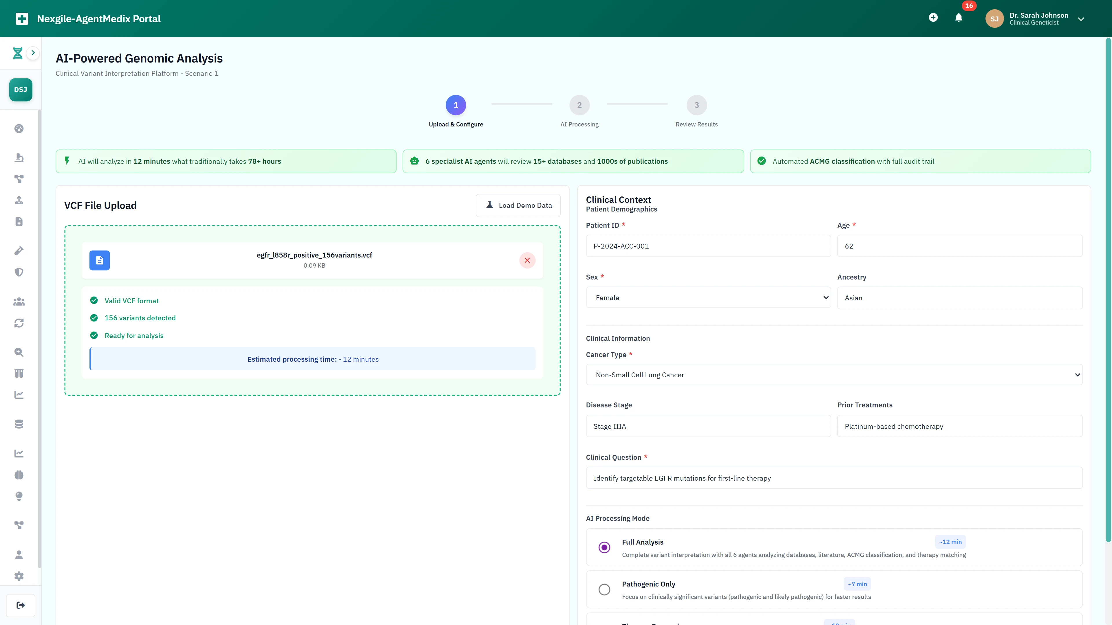 Illustrative preview (sample data, not verified outcomes): VCF file upload and configuration interface with patient demographics and clinical context for AI-powered genomic analysis