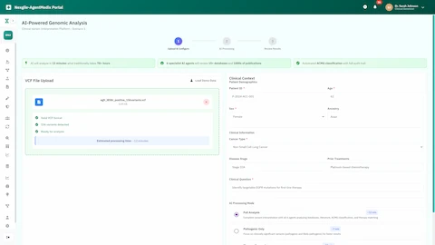 Illustrative preview (sample data, not verified outcomes): VCF file upload and configuration interface with patient demographics and clinical context for AI-powered genomic analysis