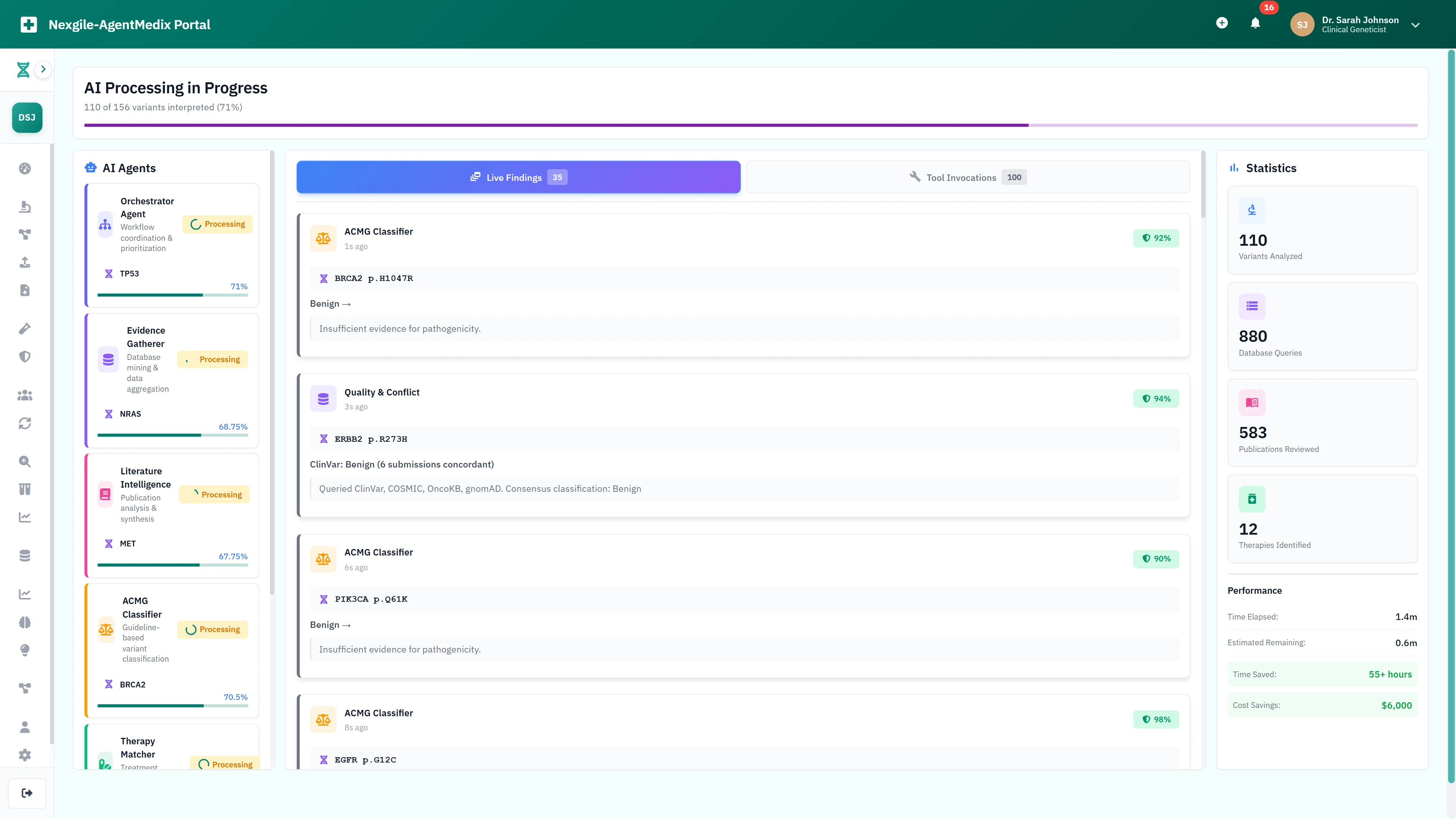 Illustrative preview (sample data, not verified outcomes): Live AI processing dashboard showing 6 specialist agents analyzing 156 variants across databases, literature, and ACMG classification in real-time