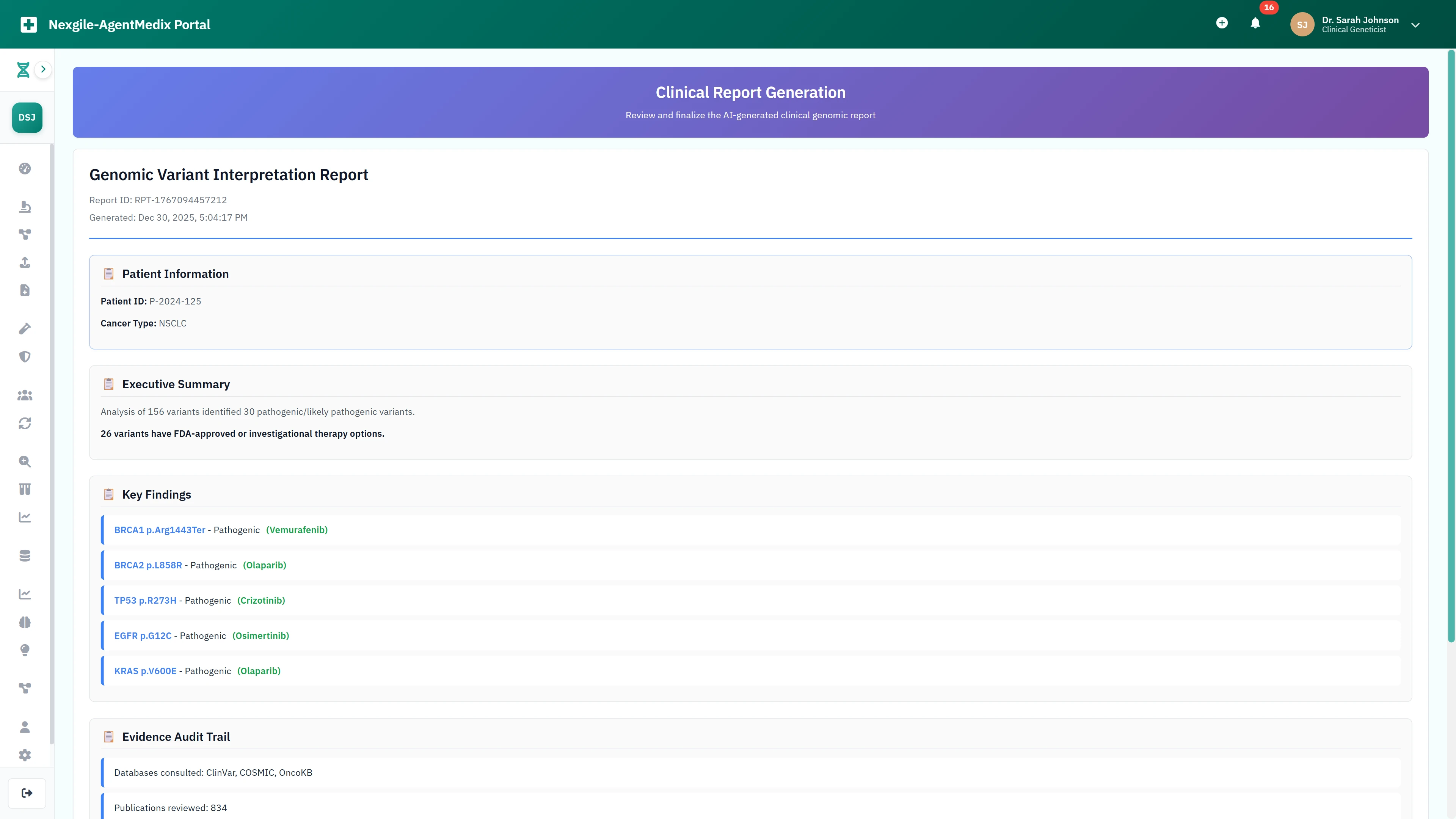 Illustrative preview (sample data, not verified outcomes): AI-generated clinical genomic report with pathogenic variant findings, therapy recommendations, and comprehensive evidence audit trail