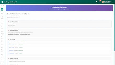 Illustrative preview (sample data, not verified outcomes): AI-generated clinical genomic report with pathogenic variant findings, therapy recommendations, and comprehensive evidence audit trail
