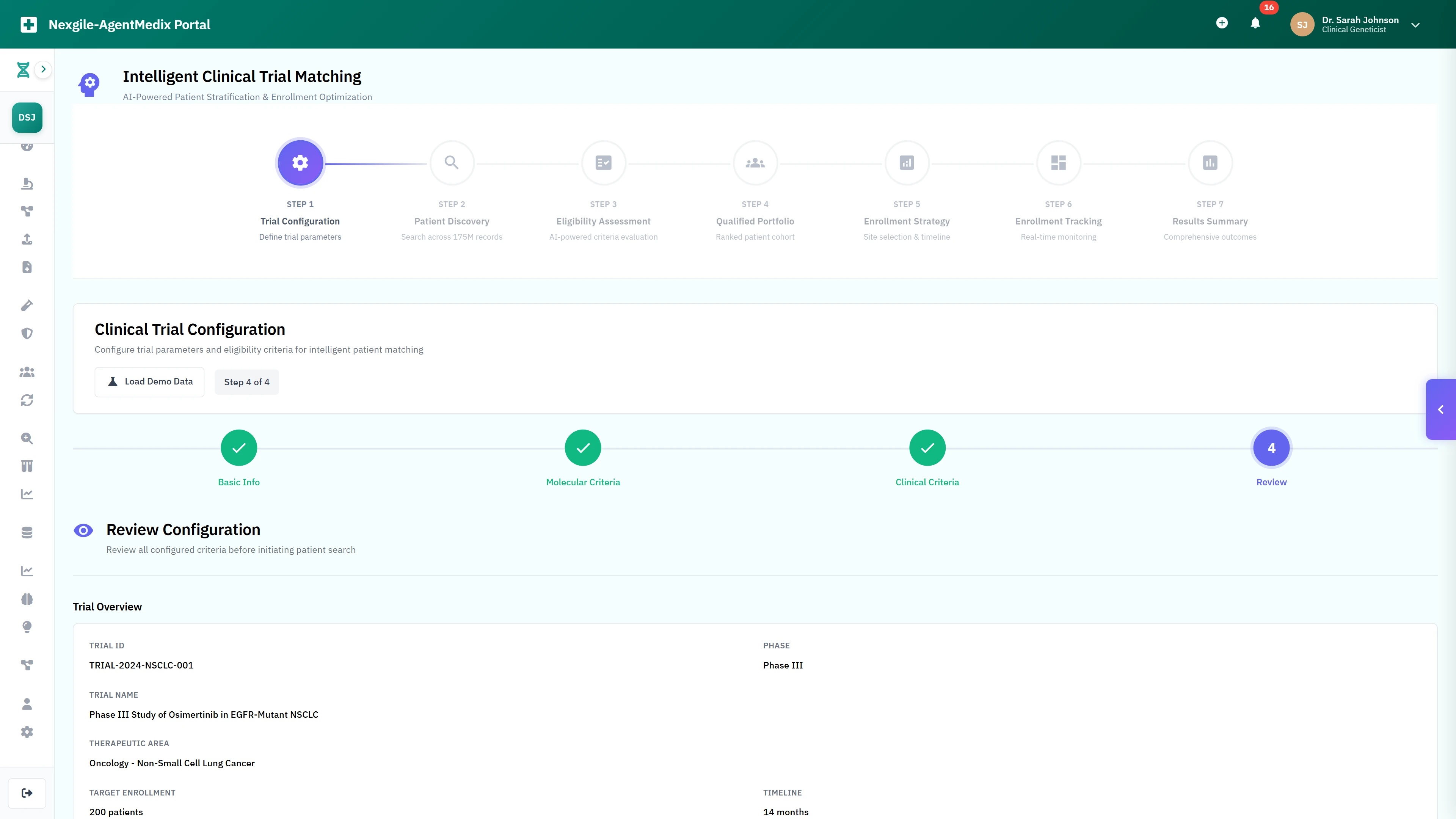 Illustrative preview (sample data, not verified outcomes): Clinical trial configuration interface for defining trial parameters, molecular criteria, and eligibility requirements for intelligent patient matching
