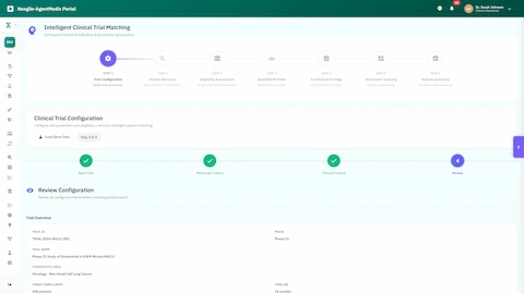 Illustrative preview (sample data, not verified outcomes): Clinical trial configuration interface for defining trial parameters, molecular criteria, and eligibility requirements for intelligent patient matching