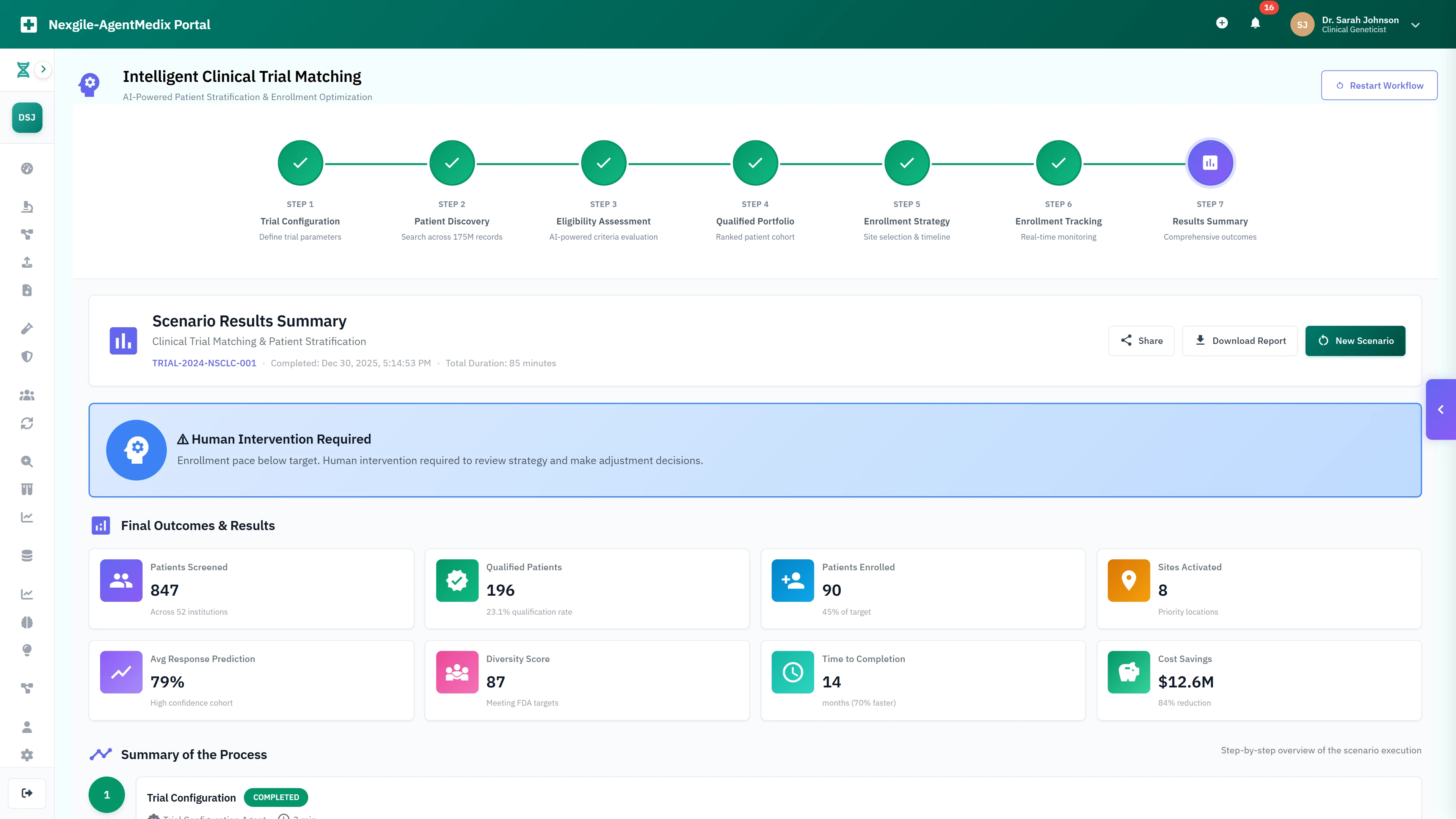 Illustrative preview (sample data, not verified outcomes): Comprehensive results summary showing 196 qualified patients, 79% response prediction, diversity metrics, and $12.6M cost savings