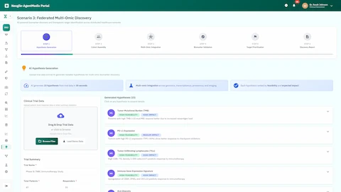 Illustrative preview (sample data, not verified outcomes): AI hypothesis generation interface displaying 15 ranked hypotheses for multi-omic biomarker discovery with feasibility and impact scores
