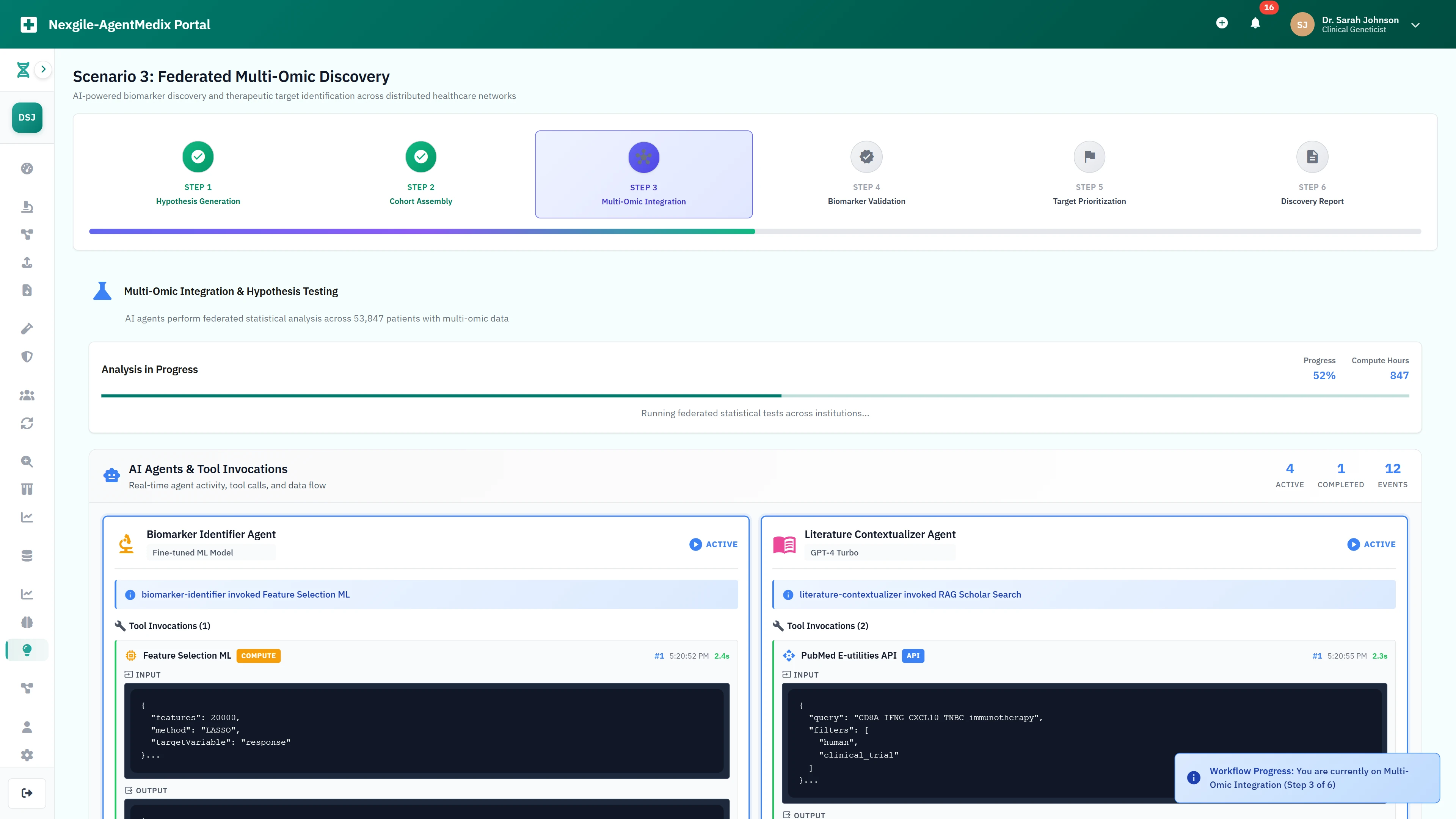 Illustrative preview (sample data, not verified outcomes): Multi-omic integration dashboard with AI agents performing federated statistical analysis and hypothesis testing in real-time