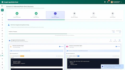 Illustrative preview (sample data, not verified outcomes): Multi-omic integration dashboard with AI agents performing federated statistical analysis and hypothesis testing in real-time