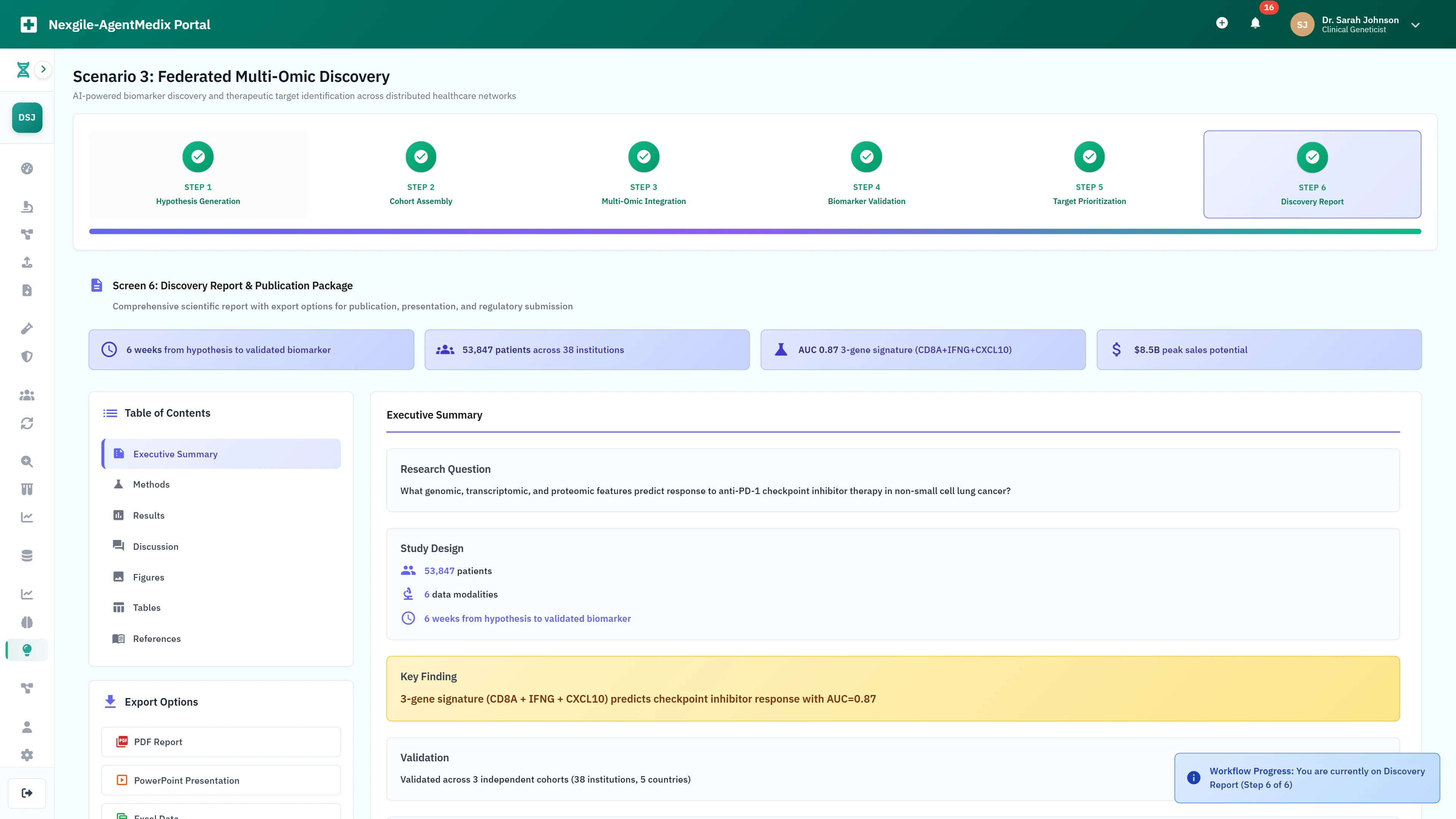 Illustrative preview (sample data, not verified outcomes): Discovery report and publication package with validated 3-gene signature biomarker and comprehensive scientific documentation