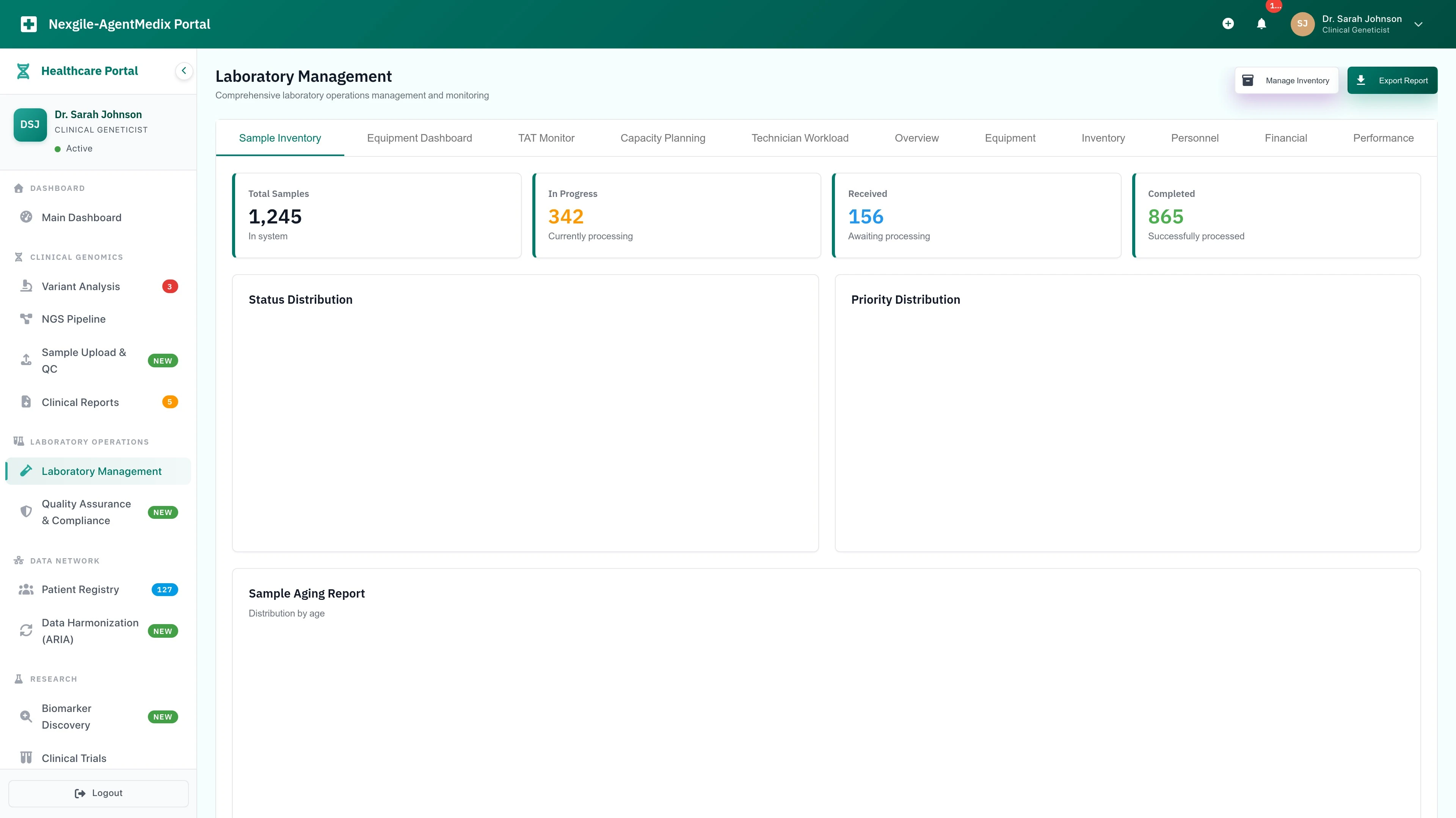 Illustrative preview (sample data, not verified outcomes): Laboratory Management - Nexgile-AgentMedix Nucleus Platform