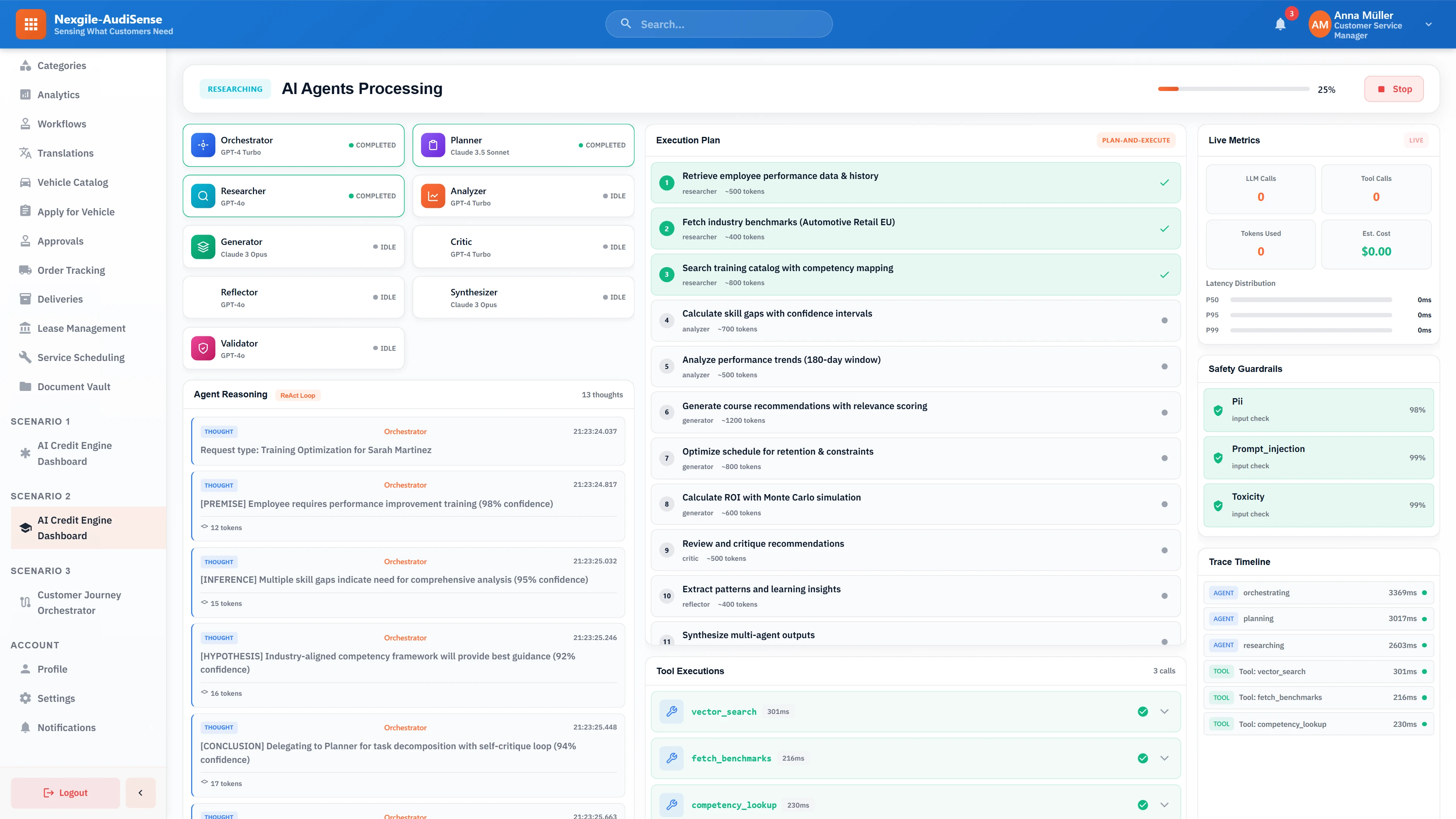 Illustrative preview (sample data, not verified outcomes): AI agents processing dashboard showing 9-agent orchestration with Orchestrator, Planner, Researcher, Analyzer, Generator, Critic, Reflector, Synthesizer, and Validator agents executing ReAct reasoning loops with real-time safety guardrails and trace timeline