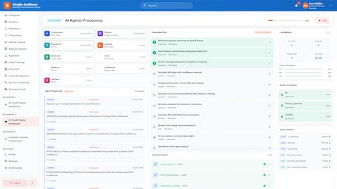 Illustrative preview (sample data, not verified outcomes): AI agents processing dashboard showing 9-agent orchestration with Orchestrator, Planner, Researcher, Analyzer, Generator, Critic, Reflector, Synthesizer, and Validator agents executing ReAct reasoning loops with real-time safety guardrails and trace timeline