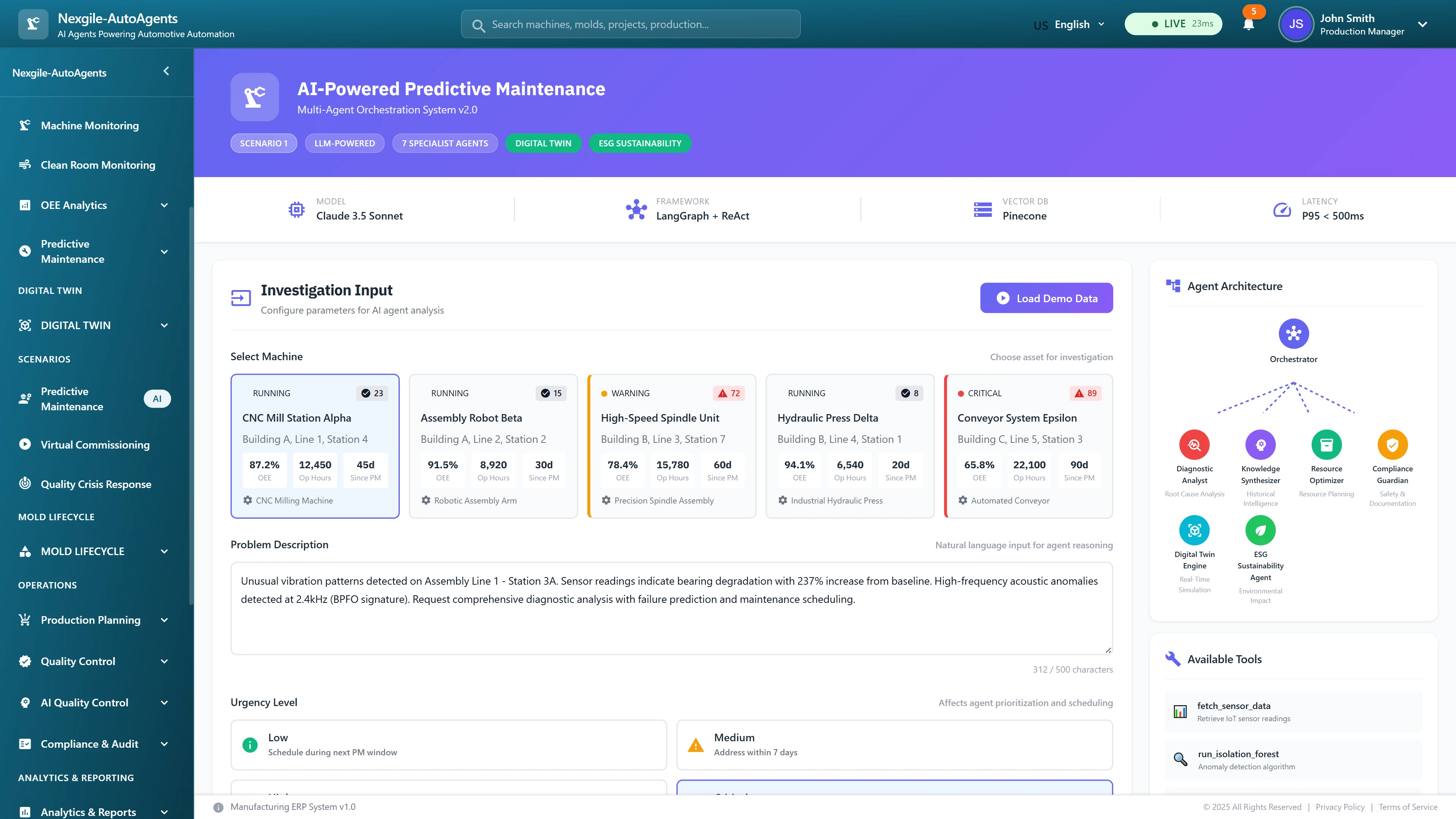 Illustrative preview (sample data, not verified outcomes): Investigation Input interface showing machine health monitoring with multiple equipment cards displaying OEE scores, cycle times, and real-time status, alongside the 7-agent architecture visualization for predictive maintenance analysis
