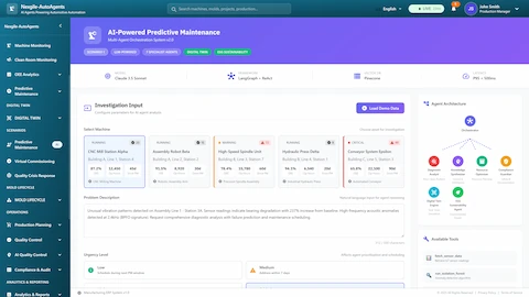 Illustrative preview (sample data, not verified outcomes): Investigation Input interface showing machine health monitoring with multiple equipment cards displaying OEE scores, cycle times, and real-time status, alongside the 7-agent architecture visualization for predictive maintenance analysis
