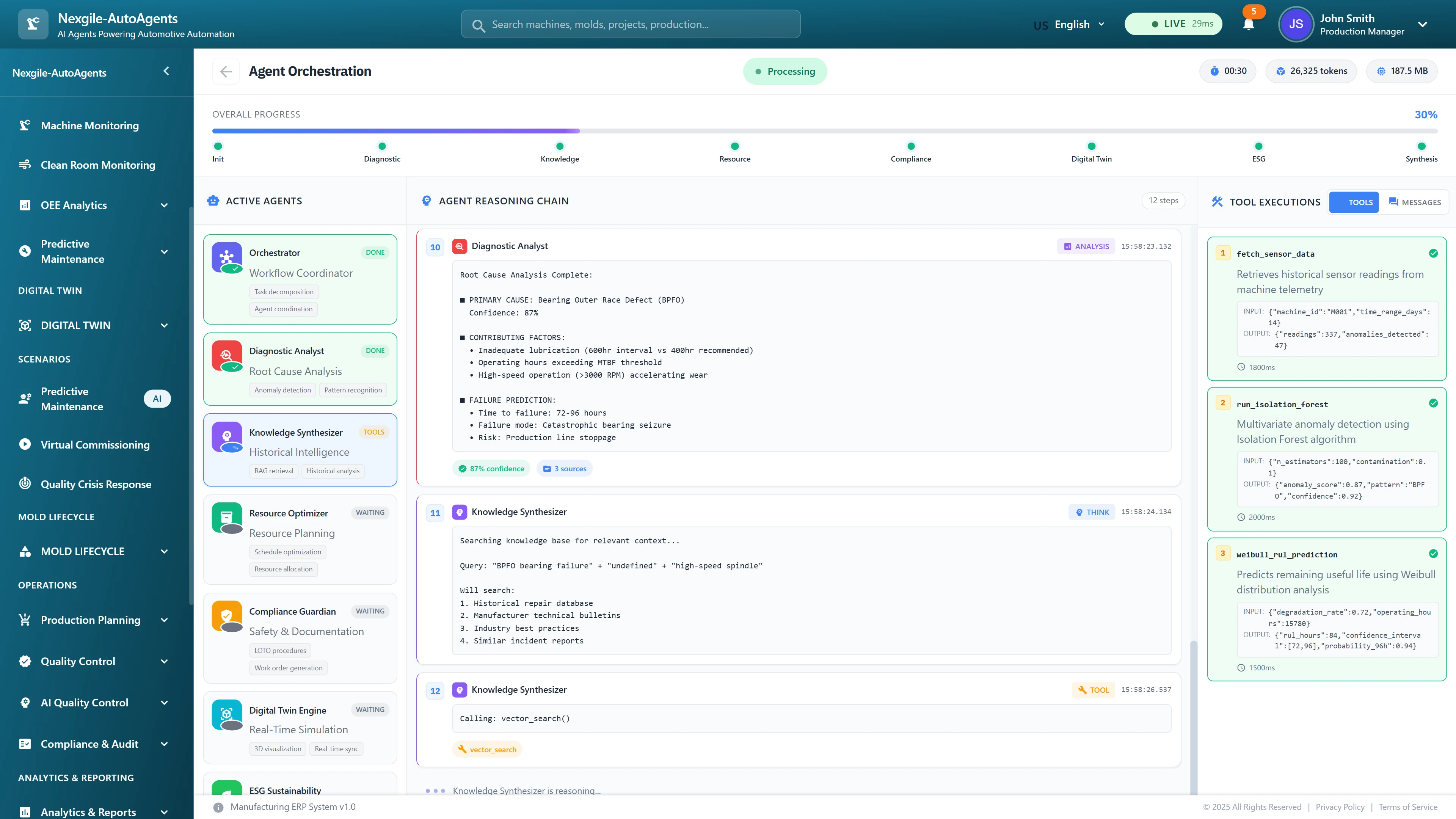 Illustrative preview (sample data, not verified outcomes): Real-time agent orchestration dashboard displaying parallel execution of 7 specialized agents with live reasoning chains, diagnostic analysis results, and tool execution monitoring for sensor data analysis and failure prediction