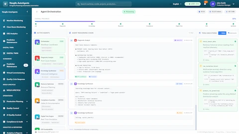 Illustrative preview (sample data, not verified outcomes): Real-time agent orchestration dashboard displaying parallel execution of 7 specialized agents with live reasoning chains, diagnostic analysis results, and tool execution monitoring for sensor data analysis and failure prediction