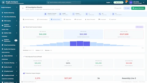 Illustrative preview (sample data, not verified outcomes): Business impact analysis featuring Monte Carlo simulation with best/expected/worst case scenarios, risk-adjusted financial models showing NPV and IRR, and production impact assessment for maintenance decision-making