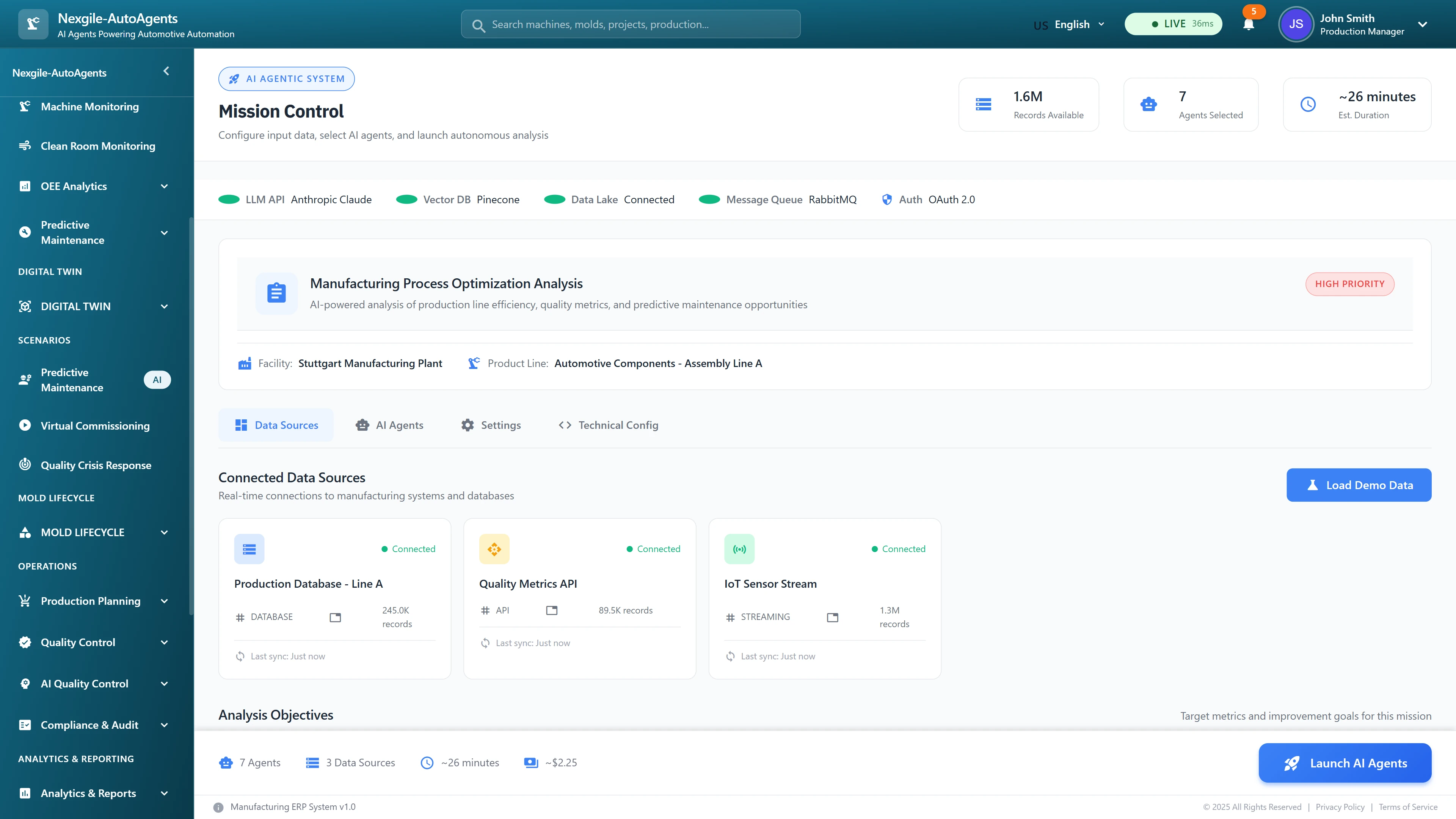 Illustrative preview (sample data, not verified outcomes): Mission Control dashboard for manufacturing process optimization displaying connected enterprise data sources (Production MES, Quality API, IoT sensors with 1.6M records), system integration status, and analysis configuration for 7-agent orchestration