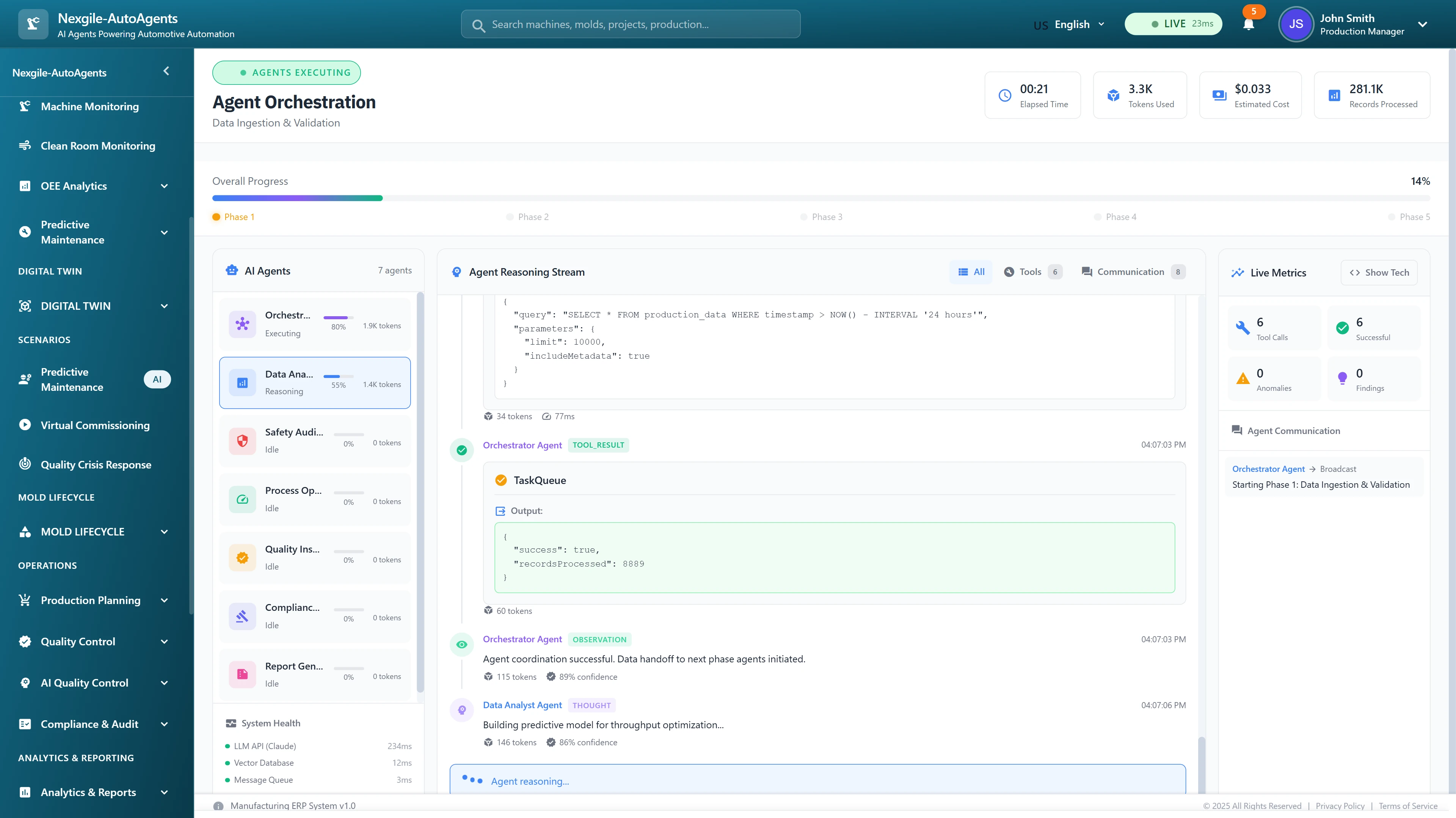Illustrative preview (sample data, not verified outcomes): Agent orchestration execution view showing Phase 1 data ingestion with 7 agents, real-time reasoning streams displaying SQL queries and analysis logic, live performance metrics, and inter-agent communication tracking