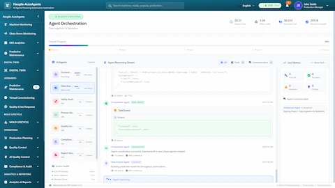 Illustrative preview (sample data, not verified outcomes): Agent orchestration execution view showing Phase 1 data ingestion with 7 agents, real-time reasoning streams displaying SQL queries and analysis logic, live performance metrics, and inter-agent communication tracking