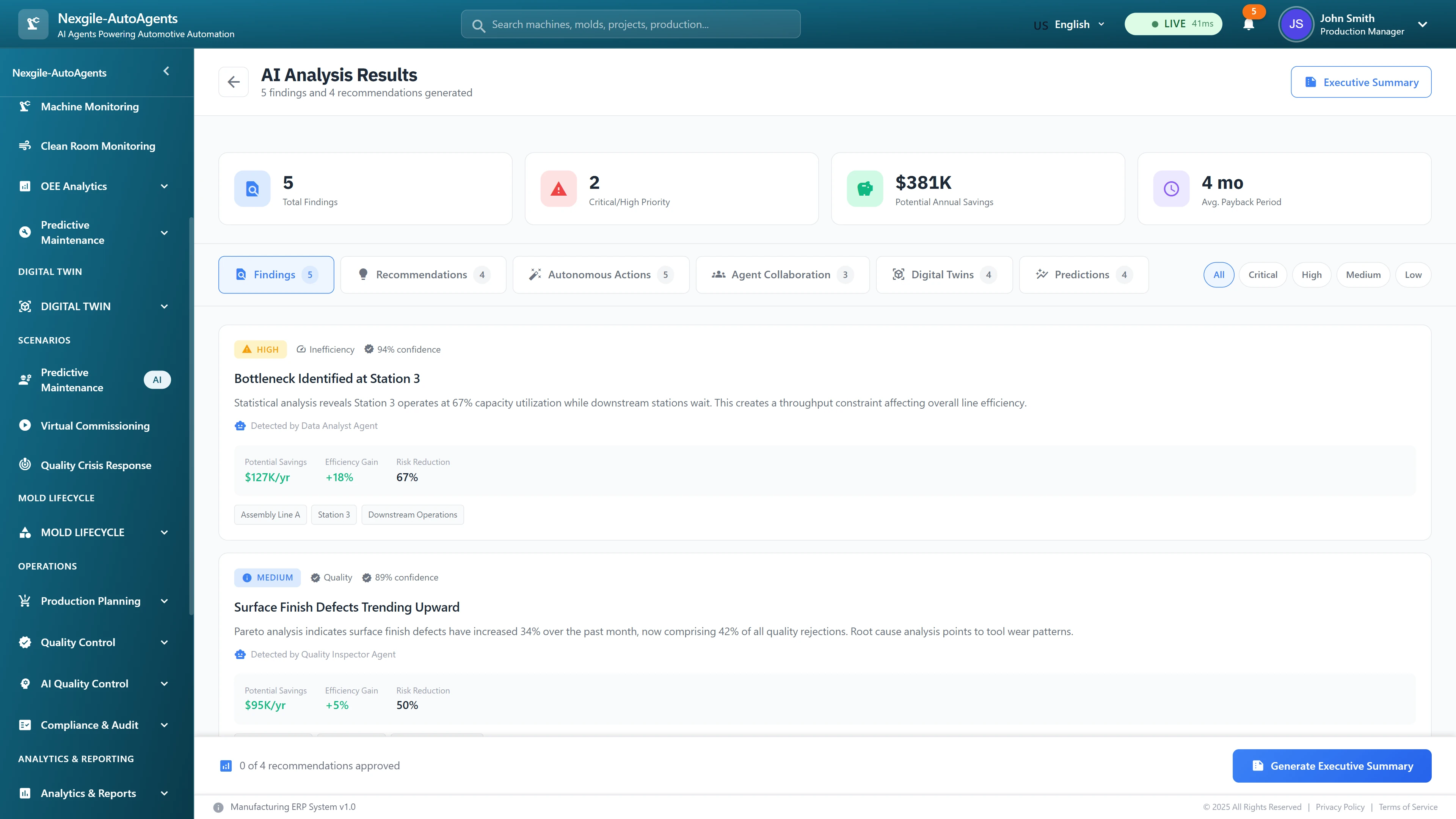 Illustrative preview (sample data, not verified outcomes): AI analysis results dashboard presenting 5 findings with $381K potential annual savings, detailed insights on production bottlenecks and quality trends, efficiency improvement projections, and risk reduction metrics with confidence scoring