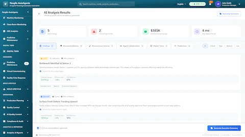 Illustrative preview (sample data, not verified outcomes): AI analysis results dashboard presenting 5 findings with $381K potential annual savings, detailed insights on production bottlenecks and quality trends, efficiency improvement projections, and risk reduction metrics with confidence scoring