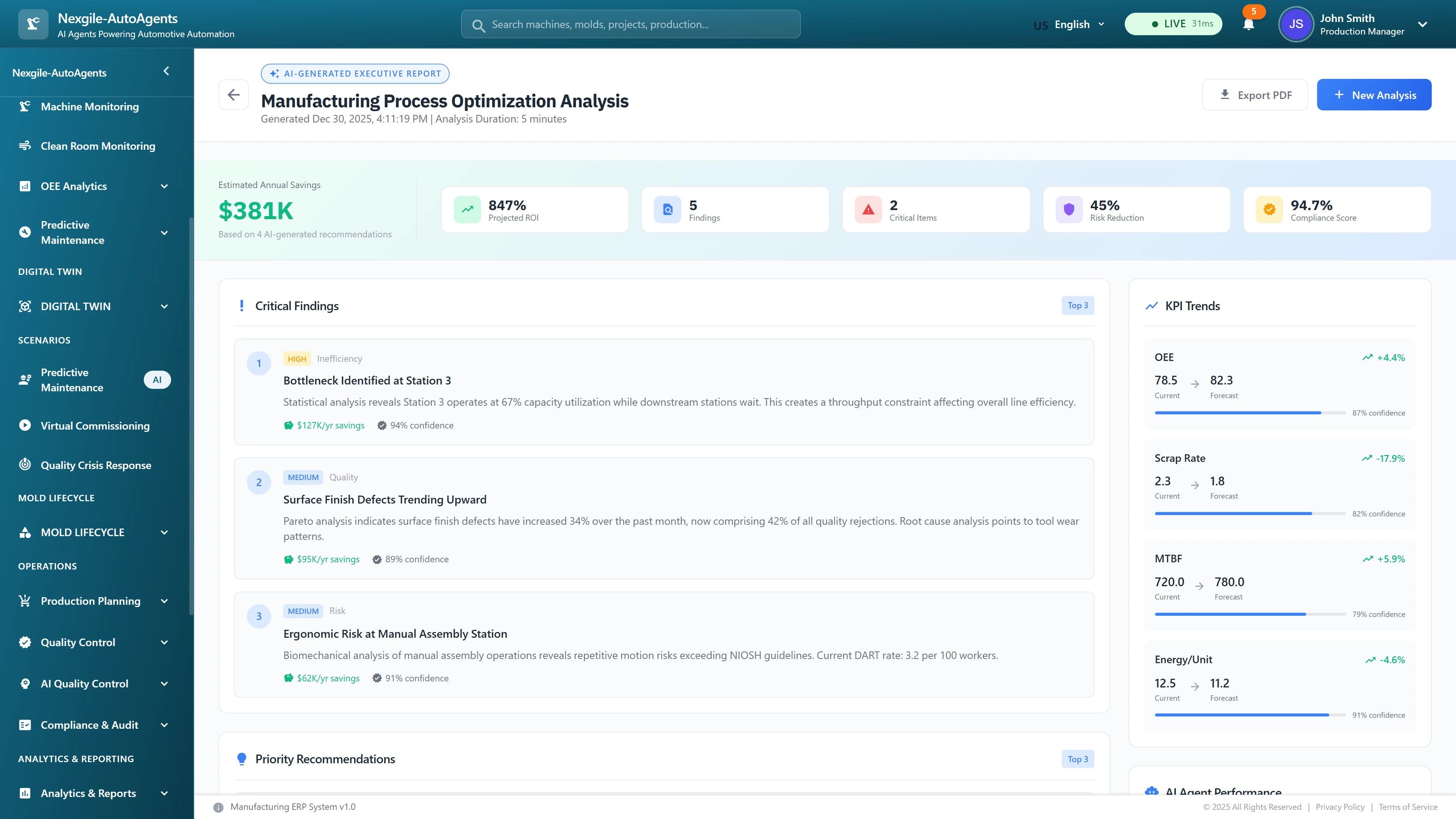 Illustrative preview (sample data, not verified outcomes): Executive summary report showcasing comprehensive optimization analysis with $381K savings projection, 847% ROI, critical findings breakdown, and KPI trend forecasts for OEE, scrap rate, MTBF, and energy efficiency
