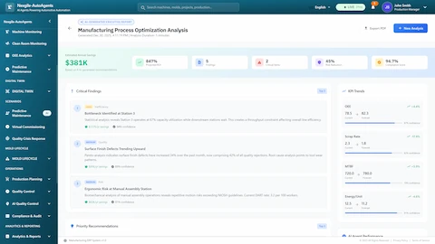 Illustrative preview (sample data, not verified outcomes): Executive summary report showcasing comprehensive optimization analysis with $381K savings projection, 847% ROI, critical findings breakdown, and KPI trend forecasts for OEE, scrap rate, MTBF, and energy efficiency
